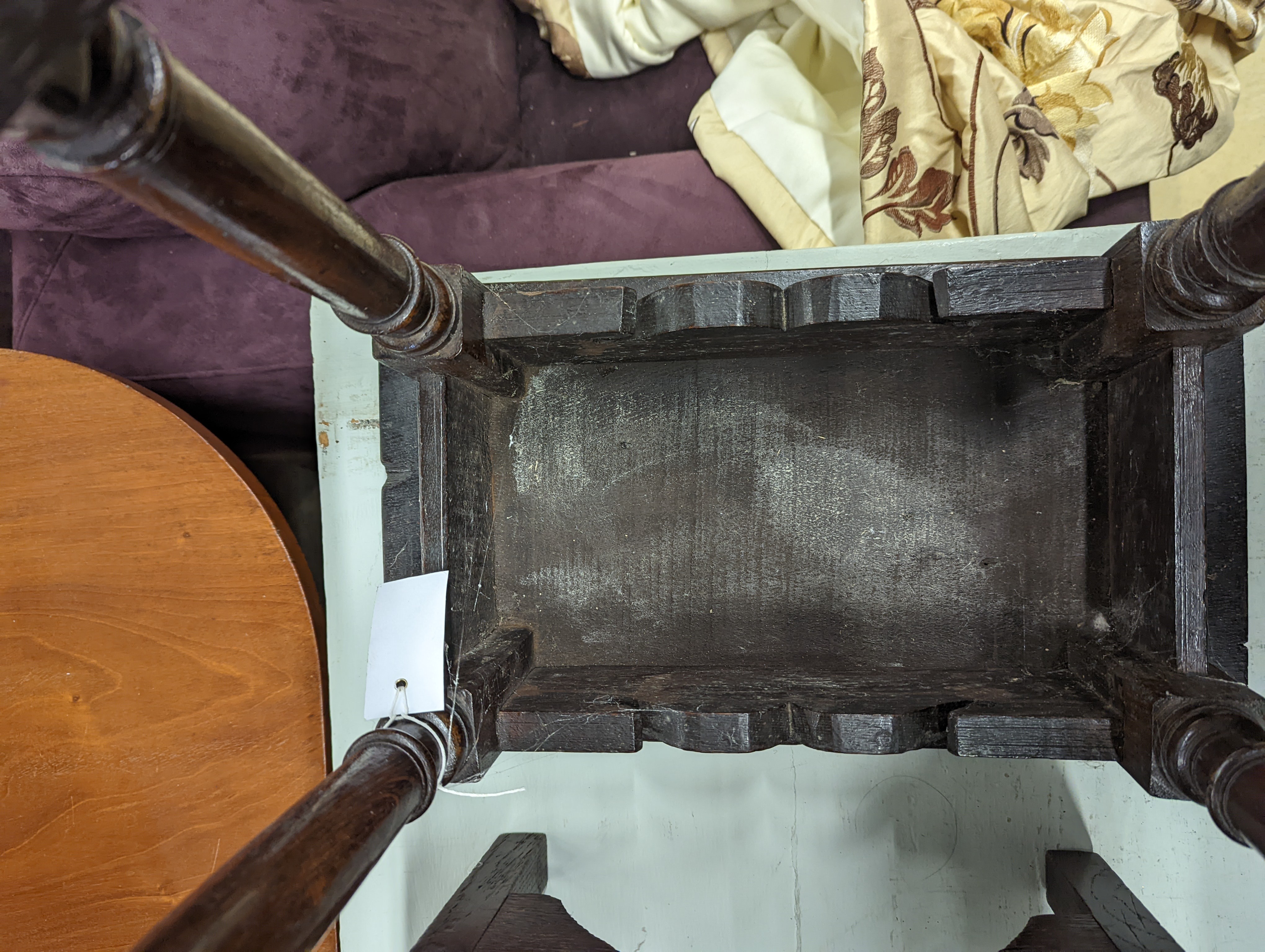 A 17th century style oak joint stool, width 46cm, depth 26cm, height 46cm and a George III stool with Victorian needlework seat, length 33cm